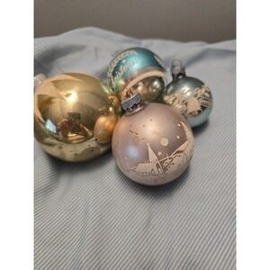 As Is 4 VTG Shiny Brite Stenciled Ornaments Village Snow Merry Christmas Seasons